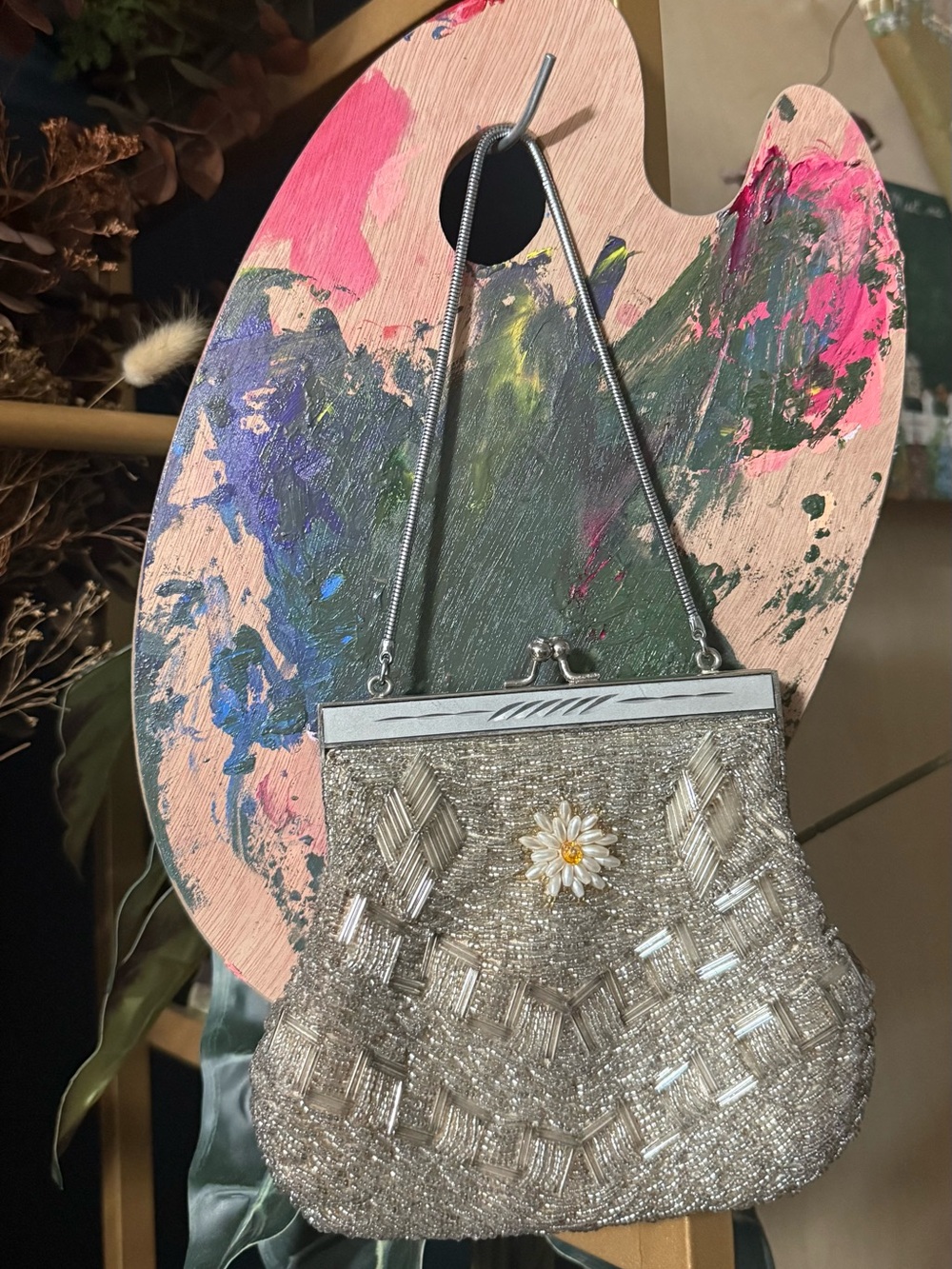 Beaded Vintage Silver Evening Purse with Daisy Accent